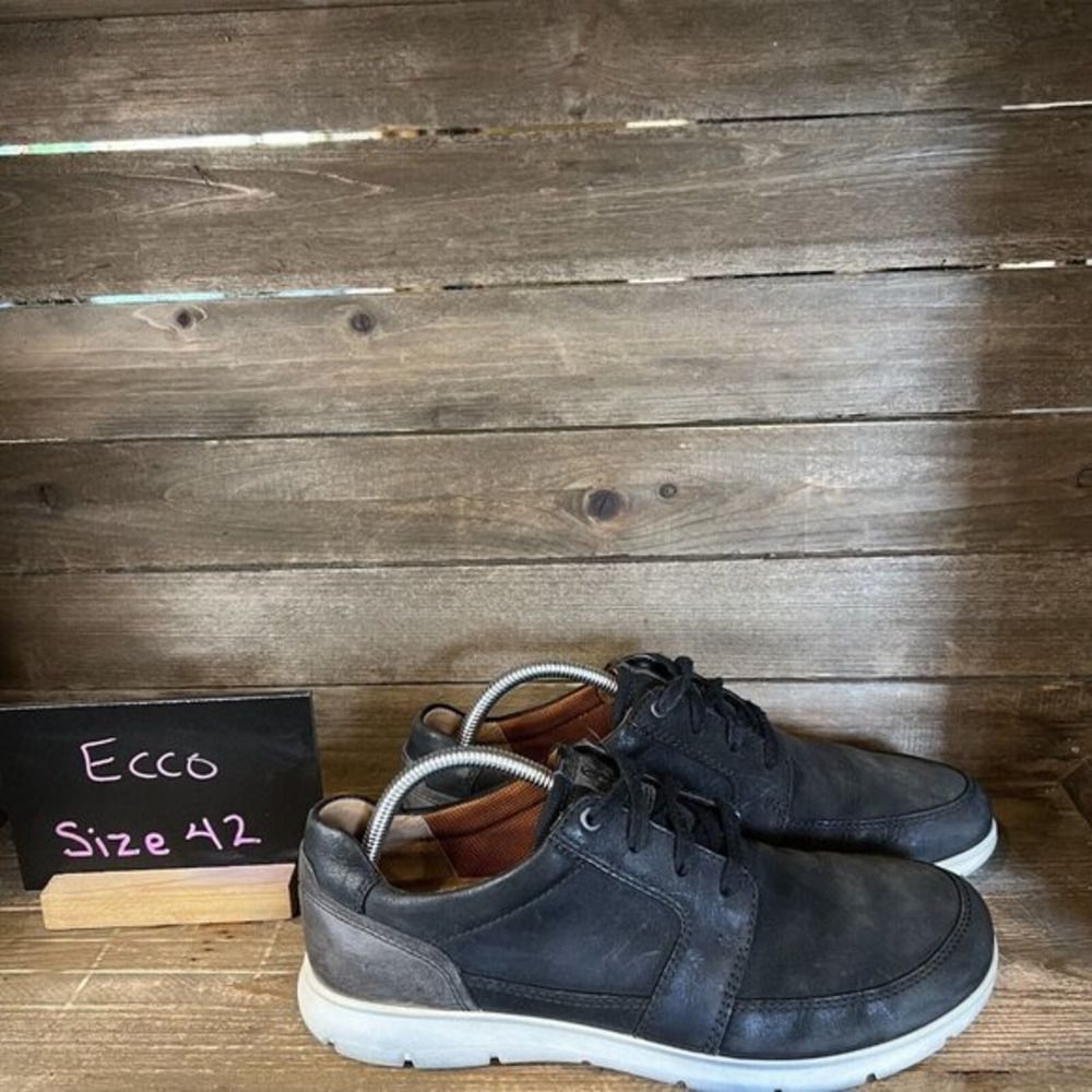 Mens Ecco Casual Black Leather Comfort Shoes Sneakers Size EUR 42 US 8-8.5 M GUC